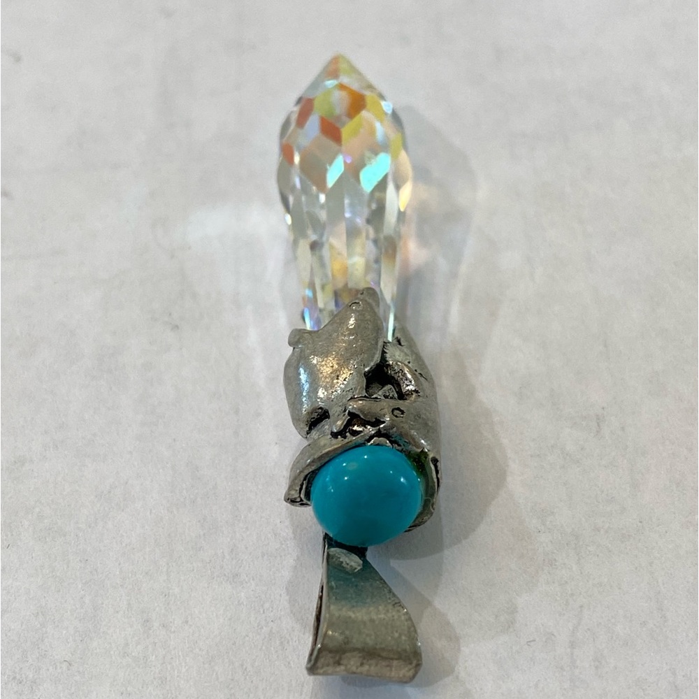 Silver Quartz Crystal Turquoise Pendant Necklace dolphins vintage signed - Picture 8 of 14
